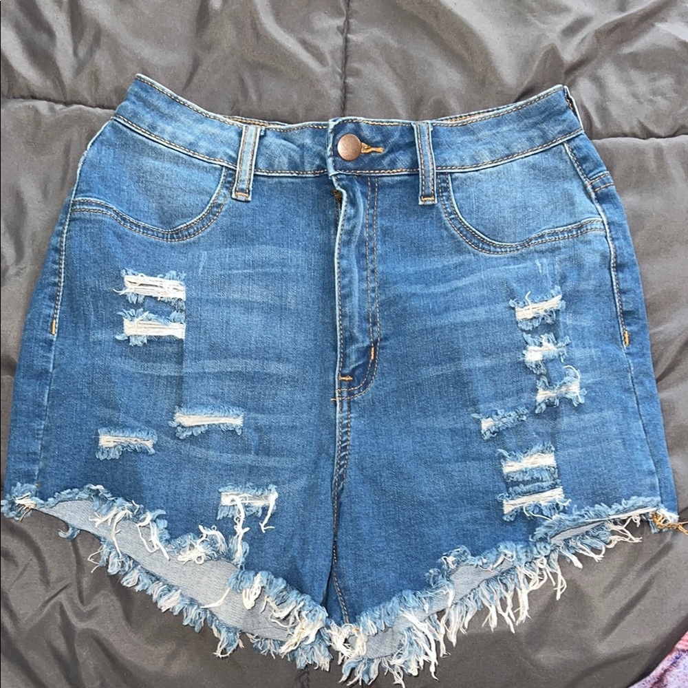 Fashion Nova Blue Distressed Jean Shorts with Frayed Hem